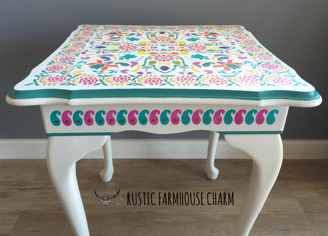 Bohemian Folk Art Side Table - Rustic Farmhouse Charm