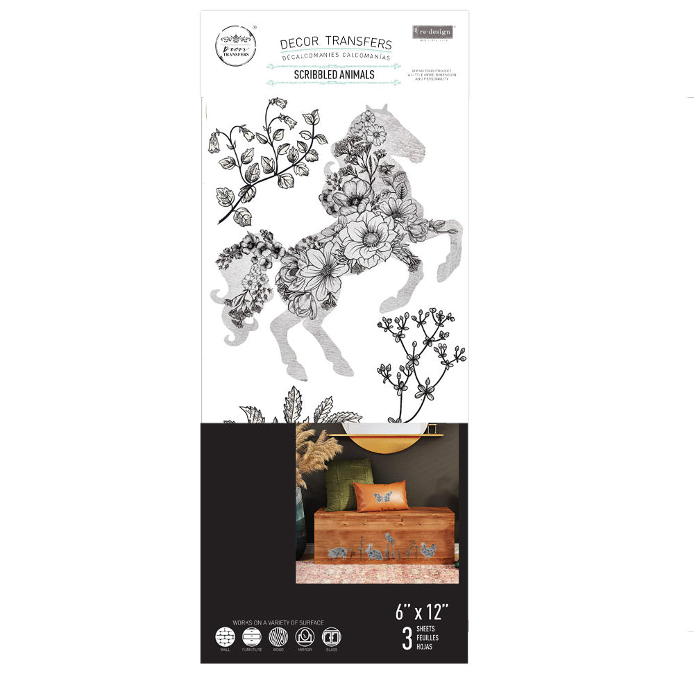 NEW! SCRIBBLED ANIMALS Redesign Transfer (3 sheets, each 15.24cm x 30.48cm) - Rustic Farmhouse Charm
