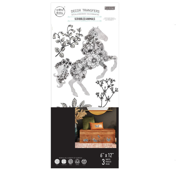 NEW! SCRIBBLED ANIMALS Redesign Transfer (3 sheets, each 15.24cm x 30.48cm) - Rustic Farmhouse Charm
