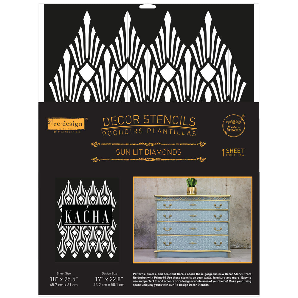 NEW! KACHA SUN LIT DIAMONDS Redesign Stencil 43.18cm x 57.91cm - Rustic Farmhouse Charm