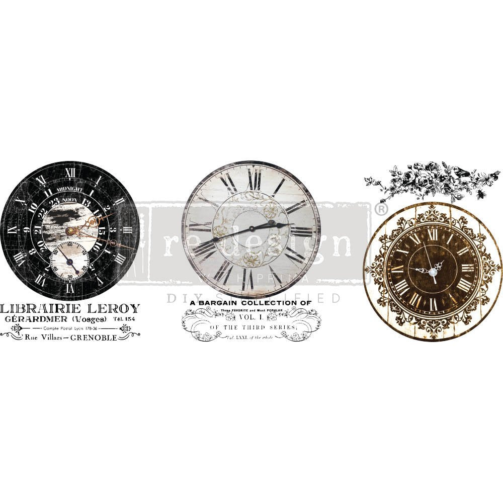 NEW! VINTAGE CLOCKS Redesign Transfer (3 sheets, each 21.59cm x 27.94cm) - Rustic Farmhouse Charm