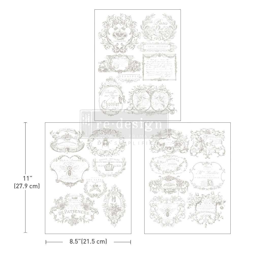 NEW! VINTAGE LABELS II Redesign Middy Transfer (3 sheets, each 21.59cm x 27.94cm) - Rustic Farmhouse Charm