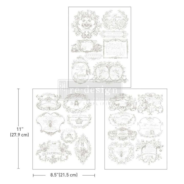 NEW! VINTAGE LABELS II Redesign Middy Transfer (3 sheets, each 21.59cm x 27.94cm) - Rustic Farmhouse Charm