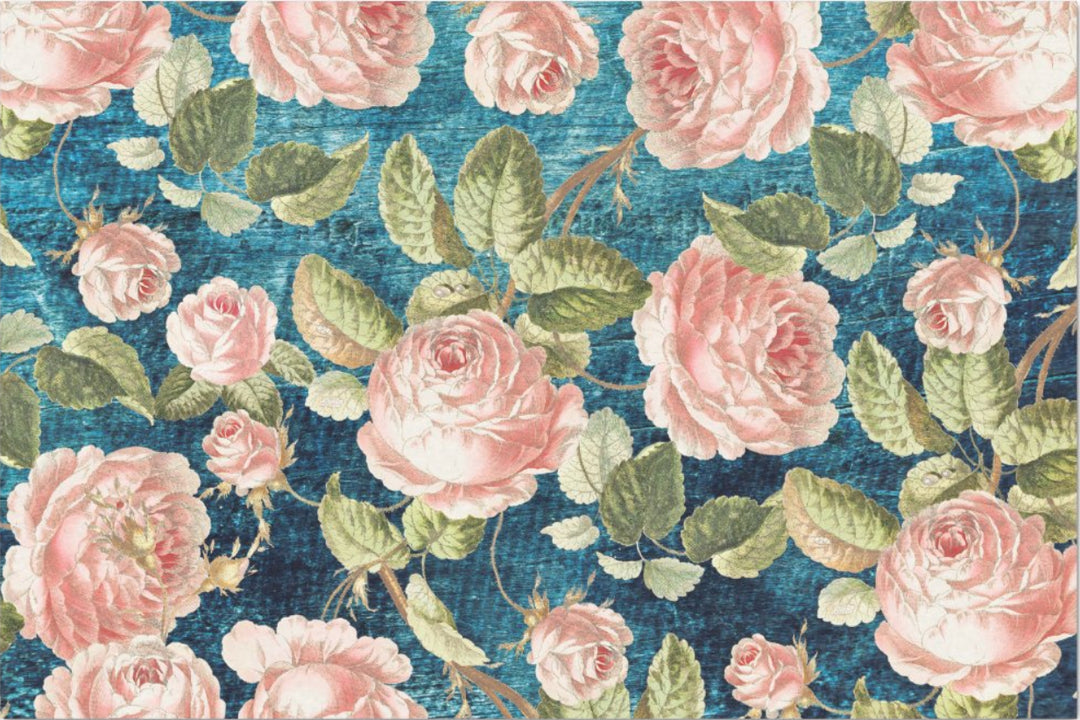 Decoupage Tissue Paper - Rustic Roses on Teal Background (2 sizes) - Rustic Farmhouse Charm