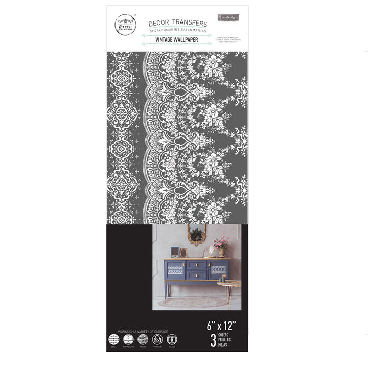 NEW! VINTAGE WALLPAPER Redesign Transfer (3 sheets, each 15.24cm x 30.48cm) - Rustic Farmhouse Charm