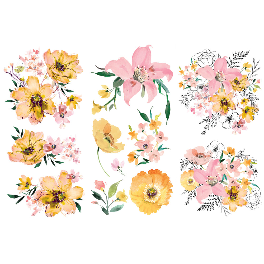NEW! WATERCOLOUR LUSH Redesign Transfer (3 sheets, each 15.24cm x 30.48cm) - Rustic Farmhouse Charm