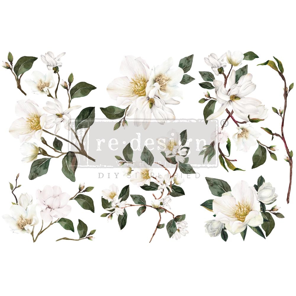 NEW! WHITE MAGNOLIA Redesign Transfer (3 sheets, each 15.24cm x 30.48cm) - Rustic Farmhouse Charm