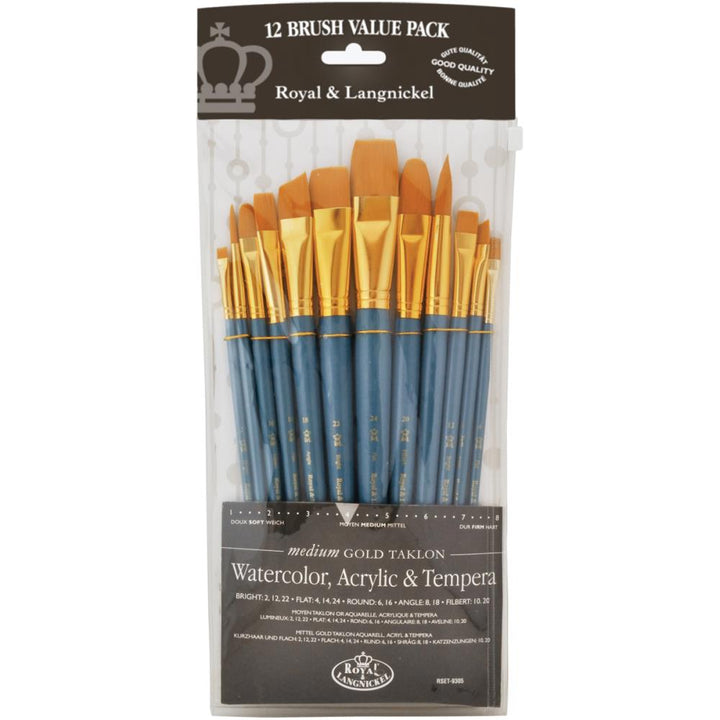 Royal & Langnickel - Value Pack of 12 Flat Gold Taklon Brushes