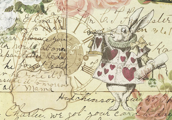 Decoupage Tissue Paper - Alice in Wonderland Rabbit Hearts Yellow Background