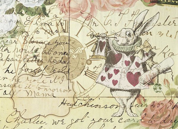 Decoupage Tissue Paper - Alice in Wonderland Rabbit Hearts Yellow Background