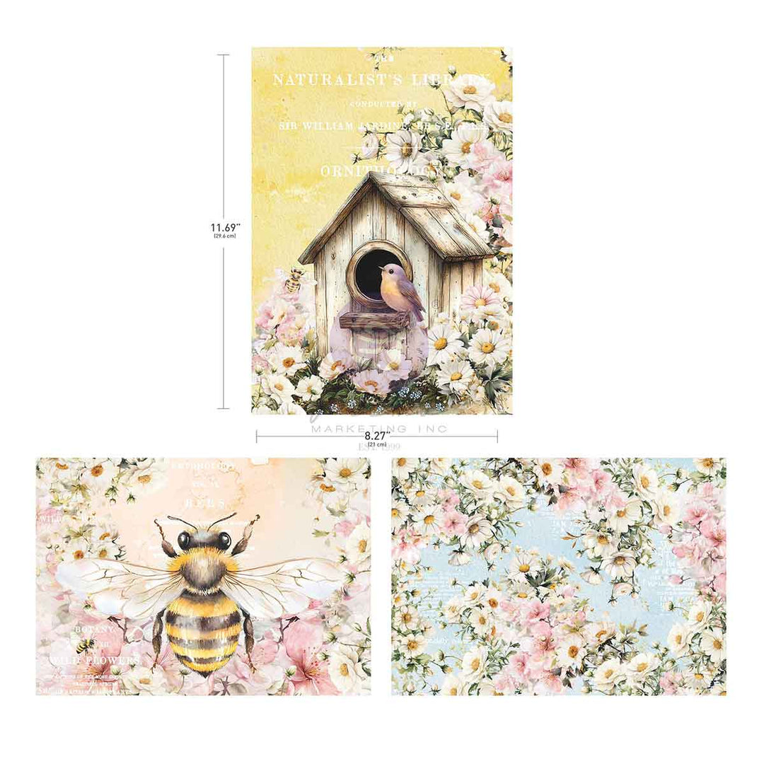 NEW! Prima Marketing A4 Decoupage Fibre Paper - AMONG THE WILDFLOWERS COLLECTION (3 sheets) - Rustic Farmhouse Charm