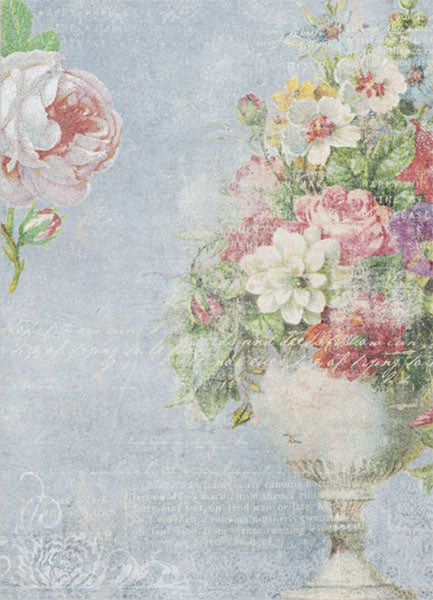 Decoupage Tissue Paper - Antique Vase of Flowers on Blue Background