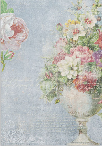 Decoupage Tissue Paper - Antique Vase of Flowers on Blue Background