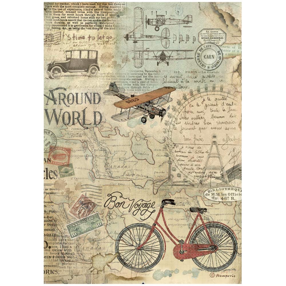 AROUND THE WORLD BICYCLE Rice Paper by Stamperia (A4) - Rustic Farmhouse Charm