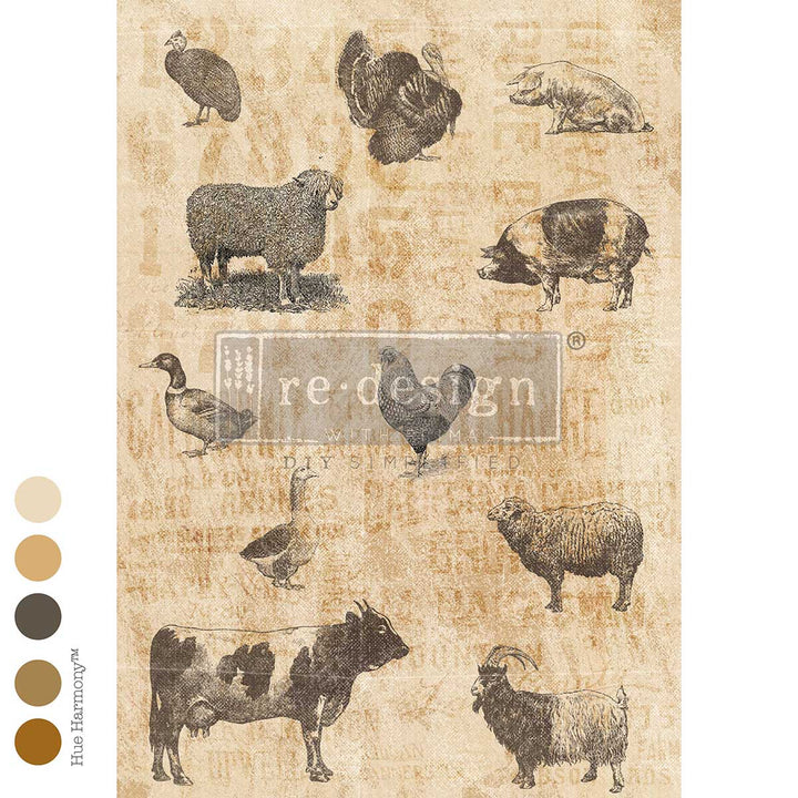 LIMITED! Redesign A3 Decoupage Fibre Paper - BARNYARD SKETCHES (29.7cm x 41.9cm)