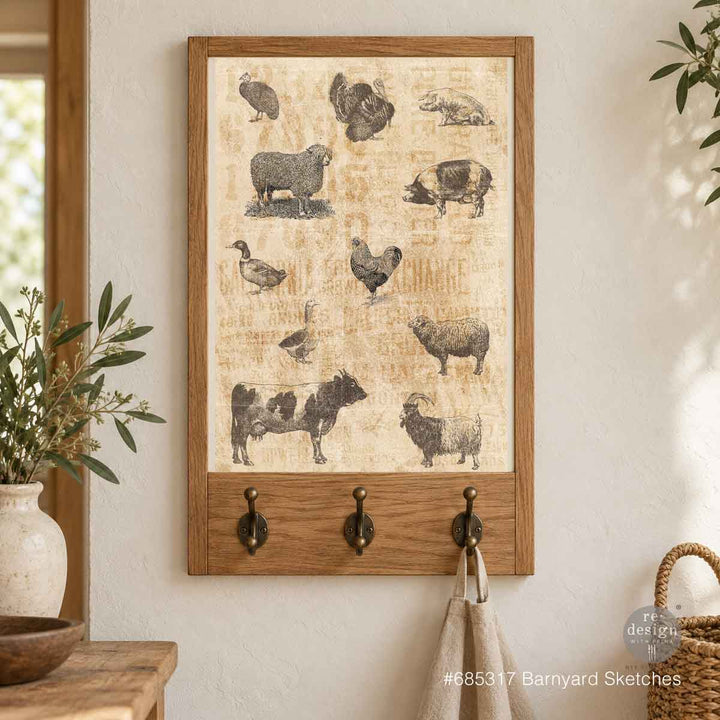 LIMITED! Redesign A3 Decoupage Fibre Paper - BARNYARD SKETCHES (29.7cm x 41.9cm)