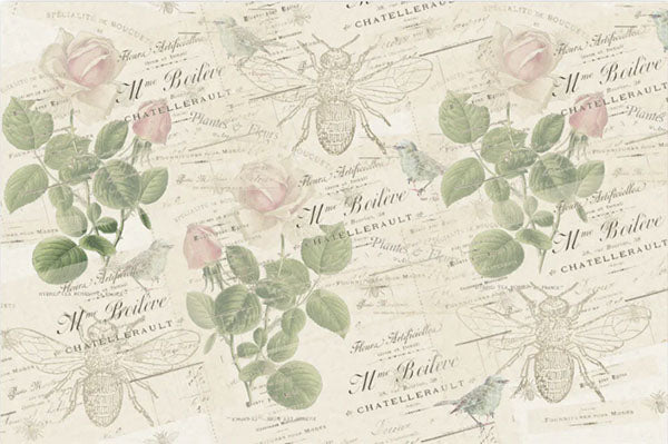 Decoupage Tissue Paper - Bees & Roses French Script (25.4cm x 38.1cm) - Rustic Farmhouse Charm