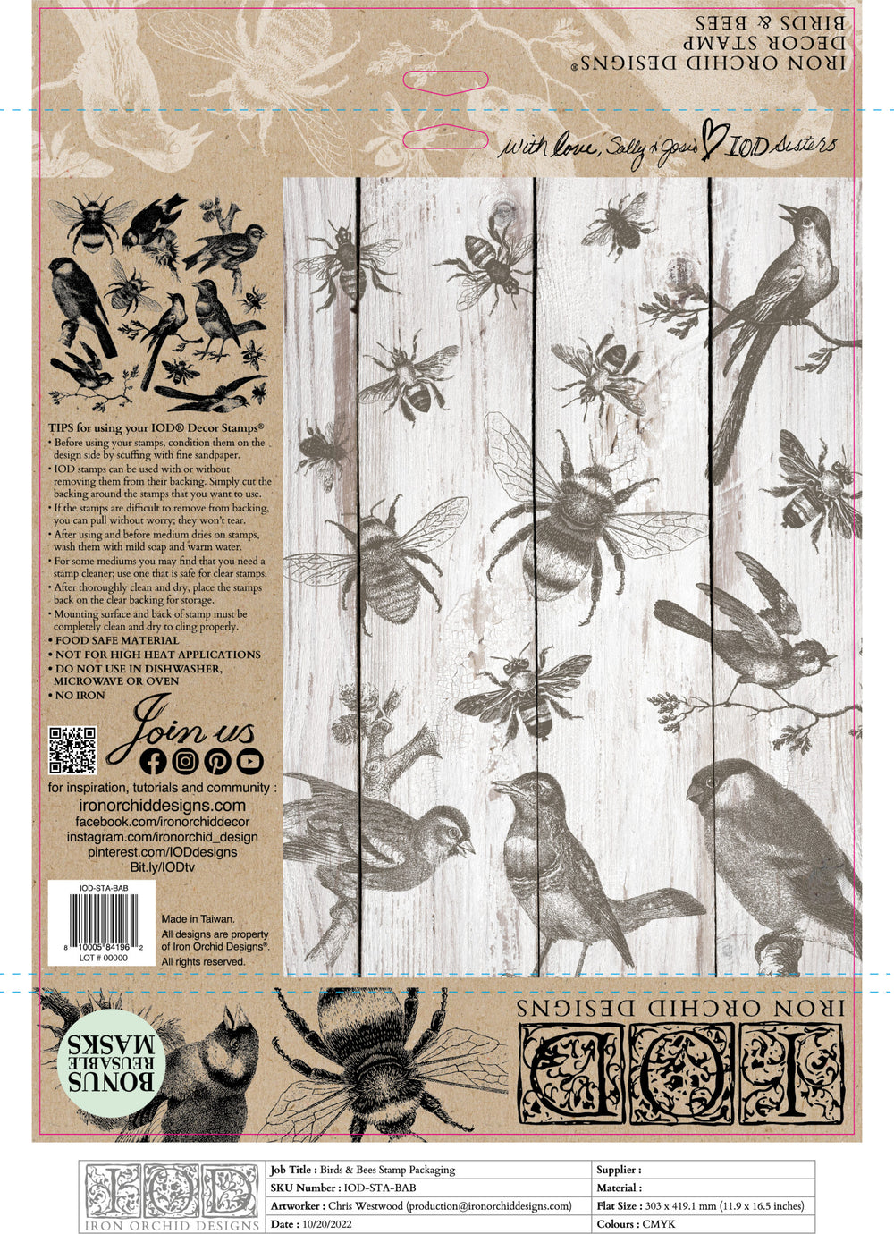 BIRDS & BEES Stamp by IOD (12"x12", 30.48cm x 30.48cm) - Rustic Farmhouse Charm