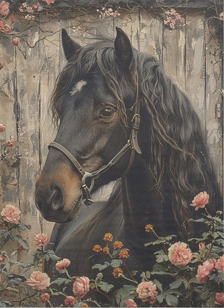 Decoupage Tissue Paper - Black Horse Among the Roses (53.34cm x 73.66cm)