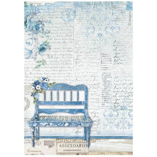 BLUE LAND BENCH Rice Paper by Stamperia (A4) - Rustic Farmhouse Charm