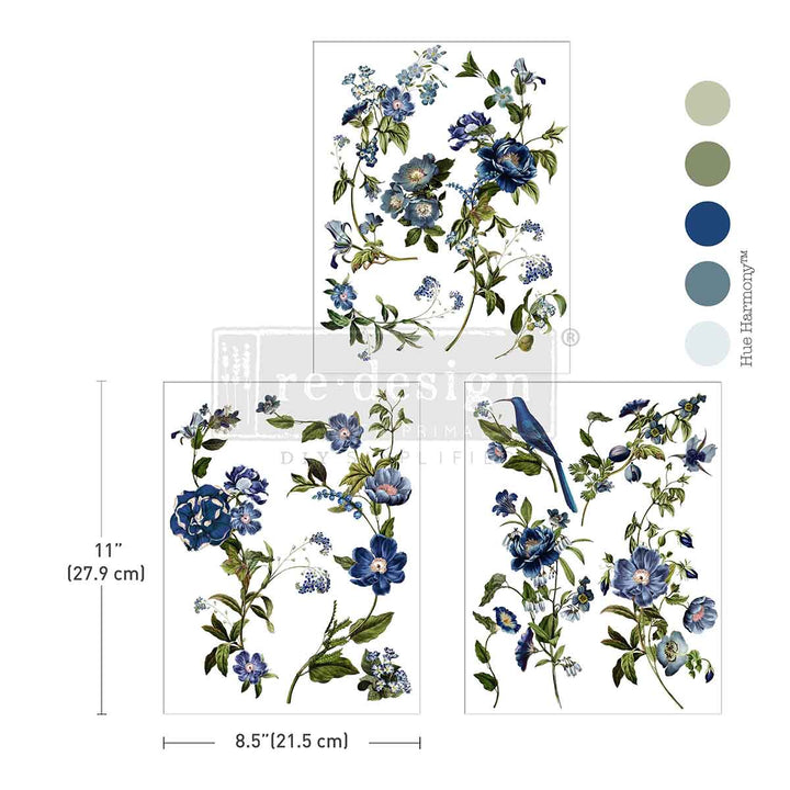 NEW! Redesign Middy Transfer - BLUE NEST BLOOMS (3 sheets, each 21.59cm x 27.94cm) - Rustic Farmhouse Charm