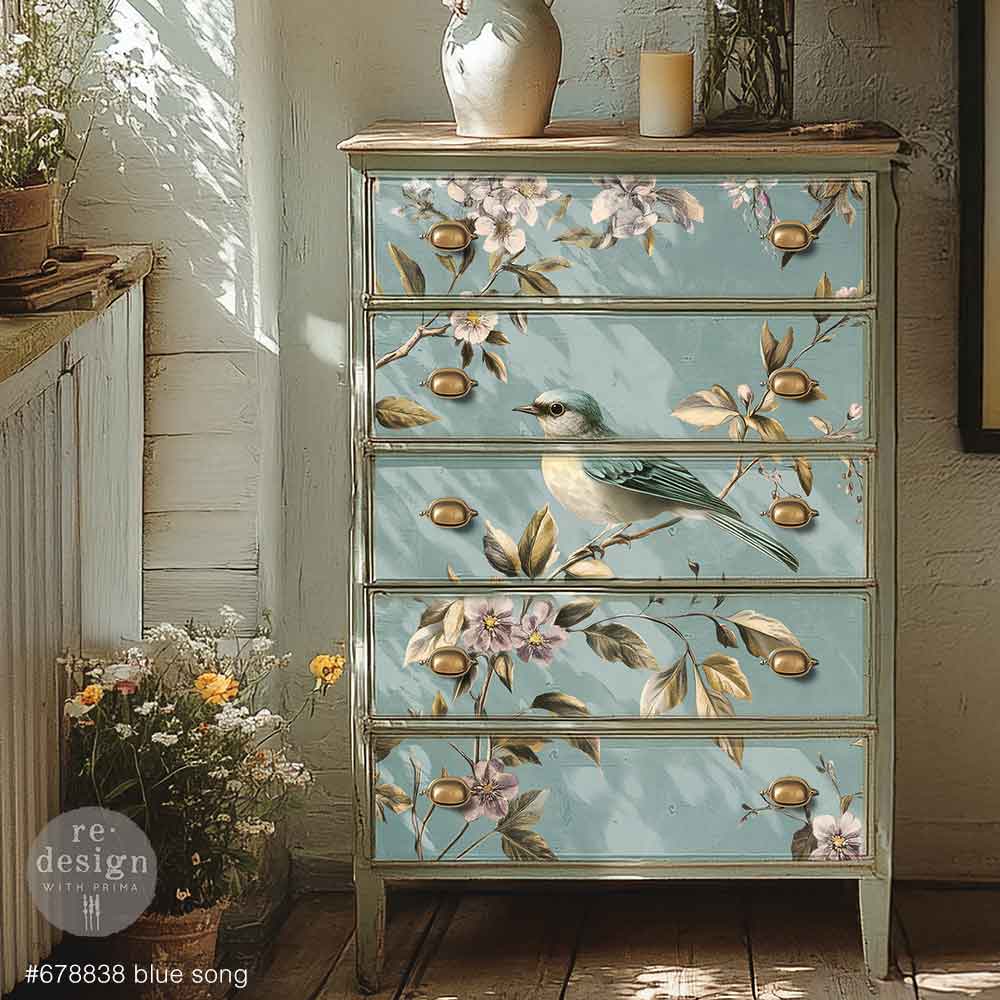 NEW! Redesign A1 Decoupage Fibre Paper - BLUE SONG (59.44cm x 84.07cm) - Rustic Farmhouse Charm
