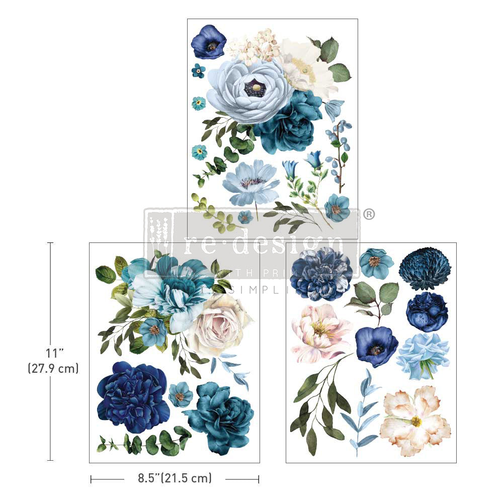 BLUE WILDFLOWERS Redesign Middy Transfer (3 sheets, each 21.59cm x 27.94cm) - Rustic Farmhouse Charm