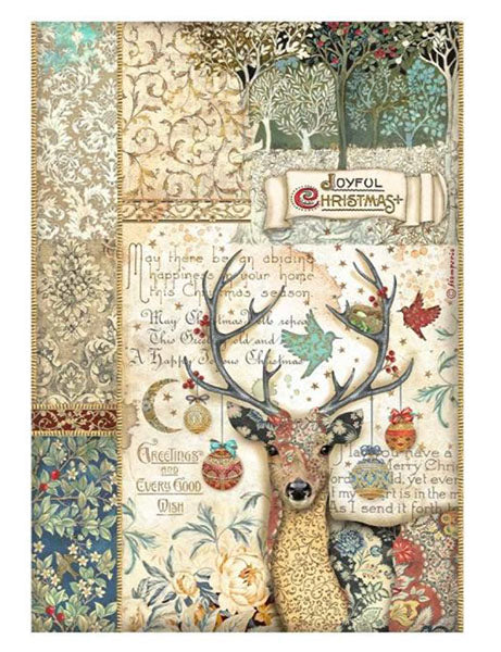 CHRISTMAS GREETINGS DEER Rice Paper by Stamperia (A4) - Rustic Farmhouse Charm