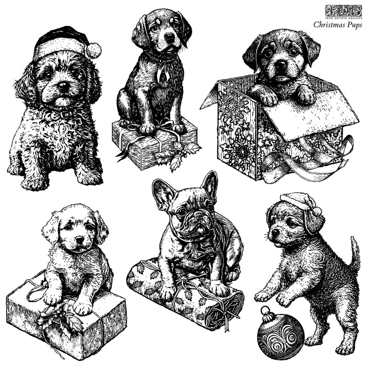 NEW! CHRISTMAS PUPS Stamp by IOD (12"x12", 30.48cm x 30.48cm) - Rustic Farmhouse Charm