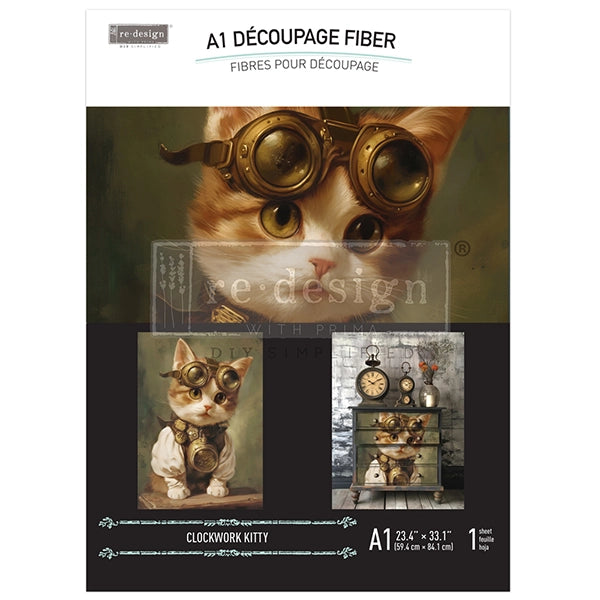 NEW! Redesign A1 Decoupage Fibre Paper - CLOCKWORK KITTY (59.44cm x 84.07cm)