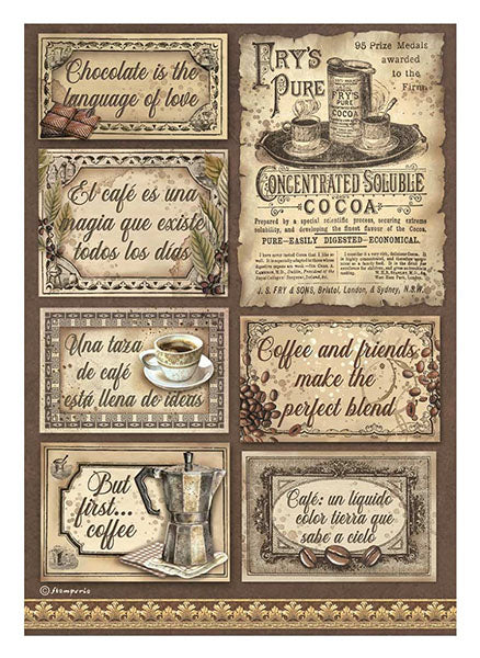 COFFEE & CHOCOLATE LABELS Rice Paper by Stamperia (A4) - Rustic Farmhouse Charm