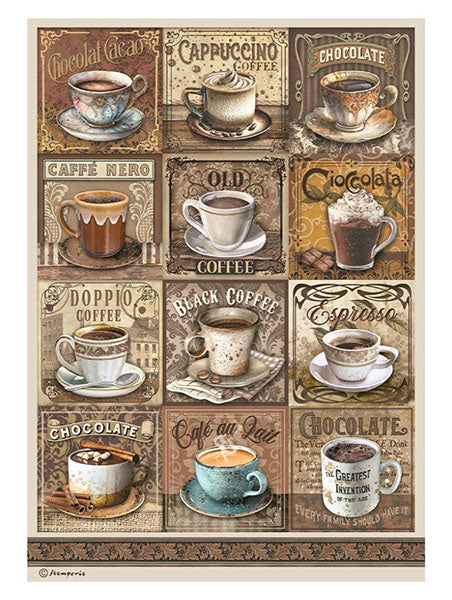 COFFEE & CHOCOLATE TAGS WITH CARDS Rice Paper by Stamperia (A4) - Rustic Farmhouse Charm