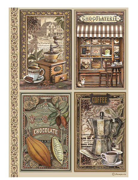 COFFEE & CHOCOLATE 4 CARDS Rice Paper by Stamperia (A4) - Rustic Farmhouse Charm