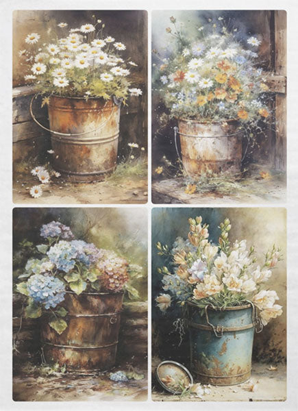 Decoupage Tissue Paper - Country Charm Flower Buckets (53.34cm x 73.66cm) - Rustic Farmhouse Charm