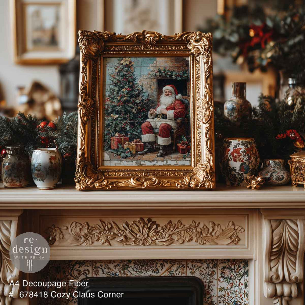 NEW! Redesign A4 Decoupage Fibre Paper - COSY CLAUS CORNER - Rustic Farmhouse Charm
