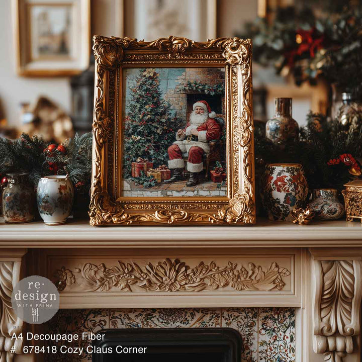 NEW! Redesign A4 Decoupage Fibre Paper - COSY CLAUS CORNER - Rustic Farmhouse Charm