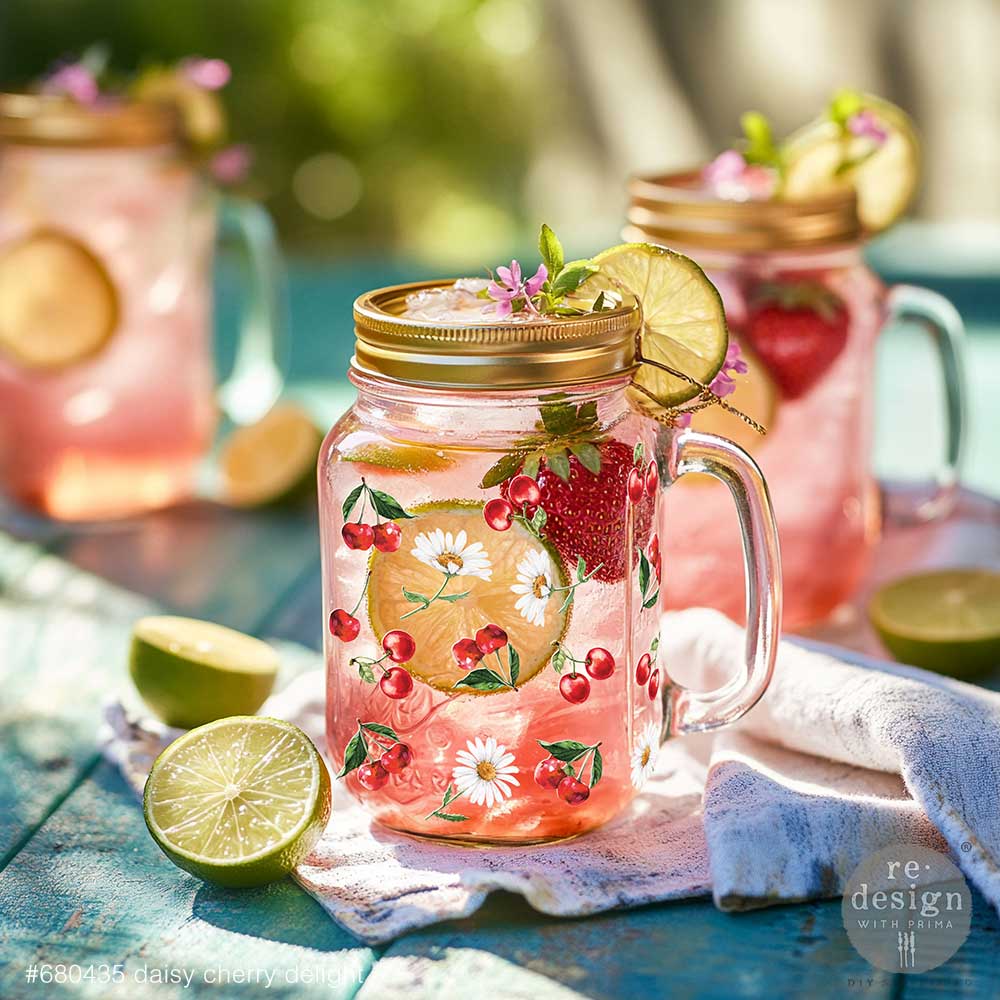NEW! Redesign Luxe Transfer - DAISY CHERRY DELIGHT (2 sheets, 8.25cm x 29.2cm) - Rustic Farmhouse Charm