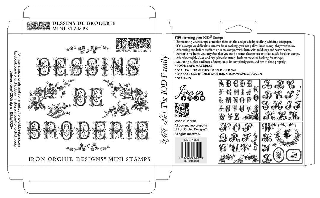 NEW! IOD Stamp Box Set - DESSINS DE BRODERIE (4x 6"x6", 15.24cm x 15.24cm) - Rustic Farmhouse Charm