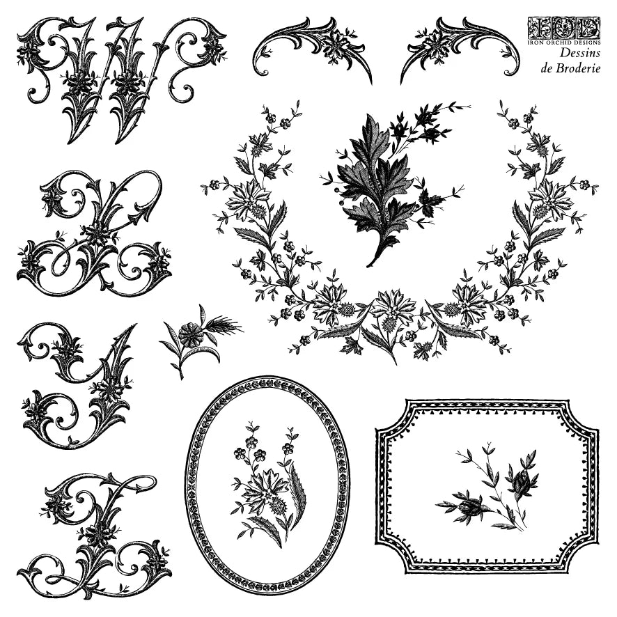 NEW! IOD Stamp Box Set - DESSINS DE BRODERIE (4x 6"x6", 15.24cm x 15.24cm) - Rustic Farmhouse Charm