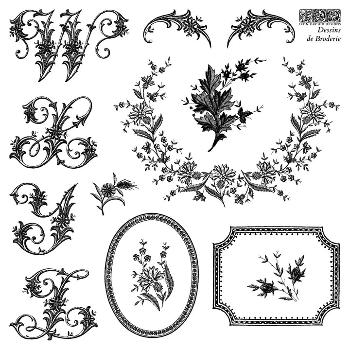 NEW! IOD Stamp Box Set - DESSINS DE BRODERIE (4x 6"x6", 15.24cm x 15.24cm) - Rustic Farmhouse Charm