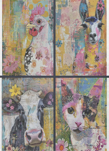 Decoupage Tissue Paper - Farm Animals with Flowers Collage 4 (53.34cm x 73.66cm) - Rustic Farmhouse Charm