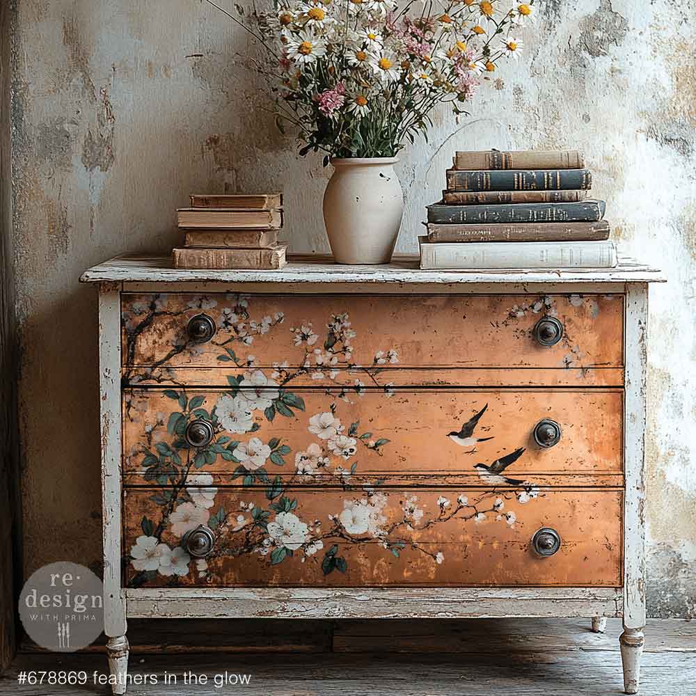 NEW! Redesign A1 Decoupage Fibre Paper - FEATHERS IN THE GLOW (59.44cm x 84.07cm) - Rustic Farmhouse Charm