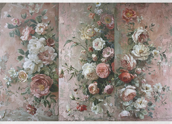 Decoupage Tissue Paper - Flowers on Vintage Pink Wood Panels - Rustic Farmhouse Charm