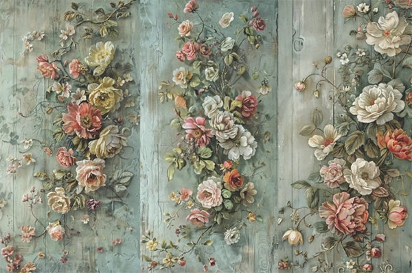 Decoupage Tissue Paper - Flowers on Old Blue Wood Panels (50.8cm x 76.2cm) - Rustic Farmhouse Charm