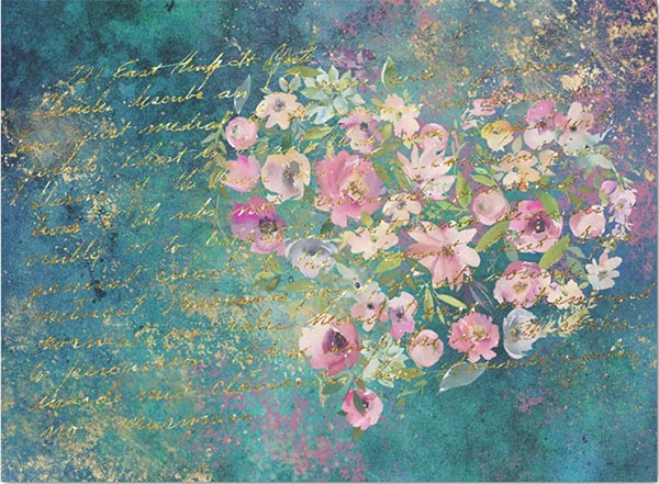 Decoupage Tissue Paper - Flowers with Gold Script on Teal Background (43.18cm x 58.42cm) - Rustic Farmhouse Charm