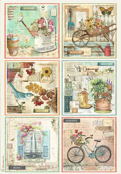 GARDEN 6 CARDS Rice Paper by Stamperia (A4) - Rustic Farmhouse Charm