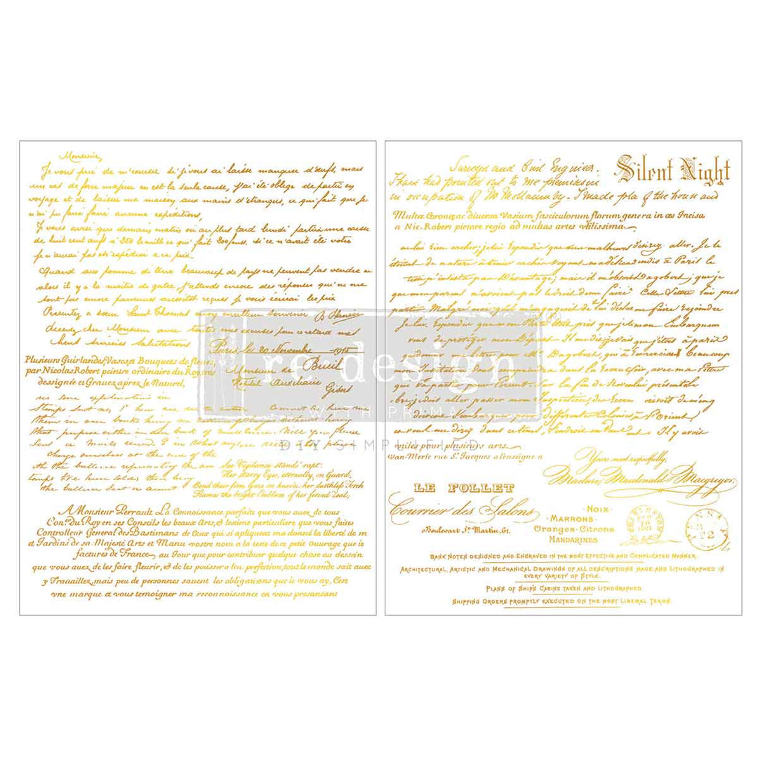 NEW! Redesign Gold Foil Middy Transfer - GILDED NOEL SCRIPT (2 sheets, each 21.59cm x 27.94cm)
