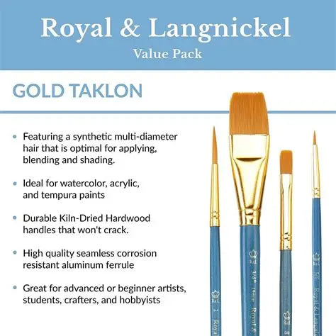Royal & Langnickel - Value Pack of 12 Flat Gold Taklon Brushes