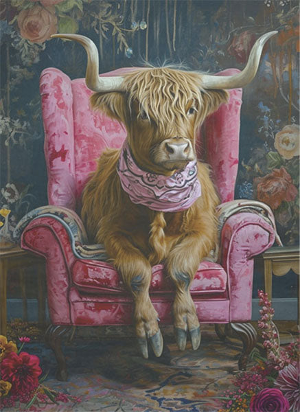 Decoupage Tissue Paper - Highland Cow on Pink Armchair - Rustic Farmhouse Charm