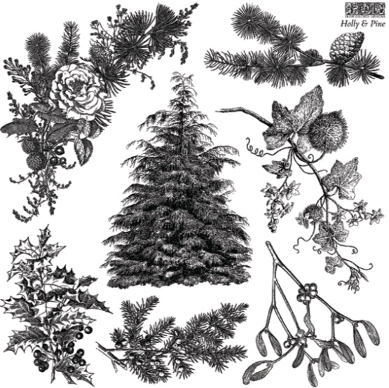 NEW! IOD Stamp - HOLLY & PINE (12"x12", 30.48cm x 30.48cm) - Rustic Farmhouse Charm